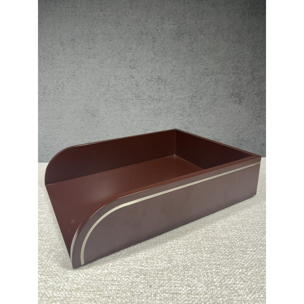 Wood Lacquered Tray Document Dark Gold Trim Inlay Office Desktop Organizer Desk